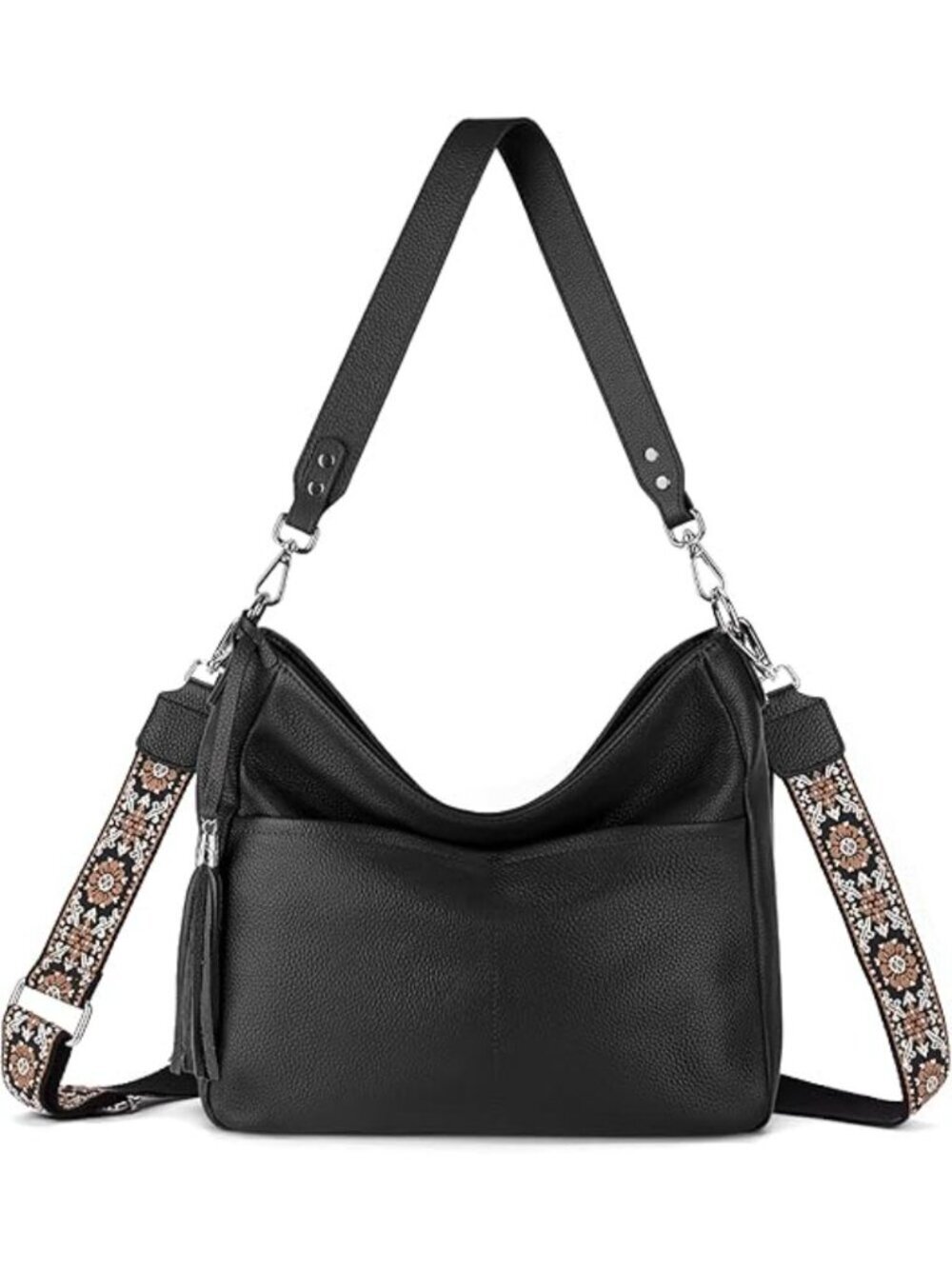 Women's Black1 Soft Leather Hobo Cross-body With 2 Detachable Straps Handbags